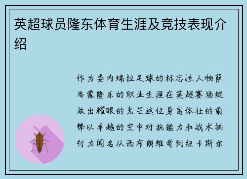 英超球员隆东体育生涯及竞技表现介绍